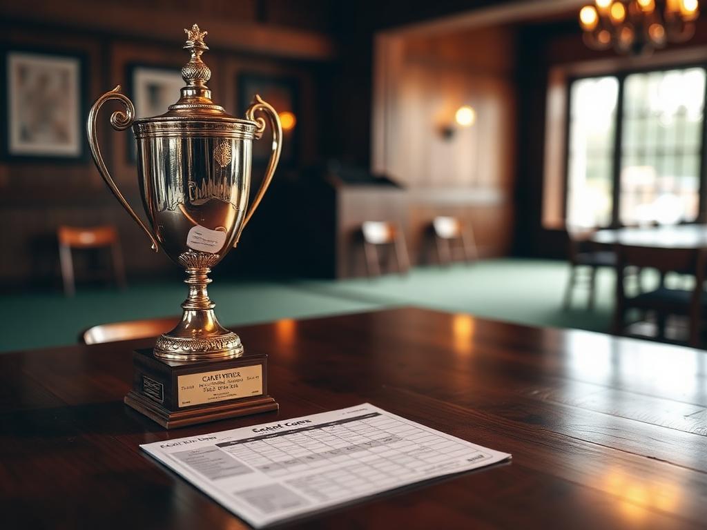 Golf trophy and scorecard on a clubhouse table
